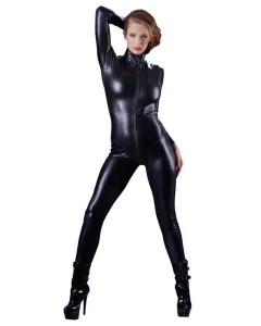 Wetlook Catsuit Met Lange Mouwen En Rits - Zwart