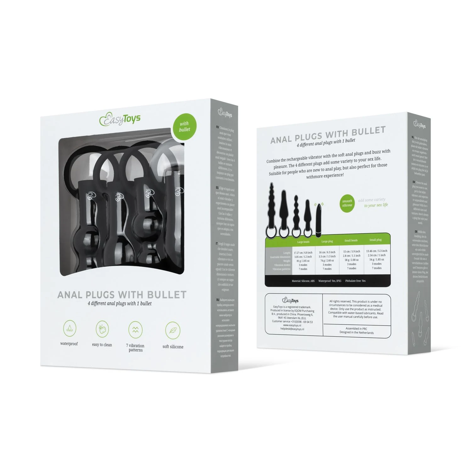 Zwarte anaal plug set met vier plugs in verschillende groottes en losse bullet vibrator