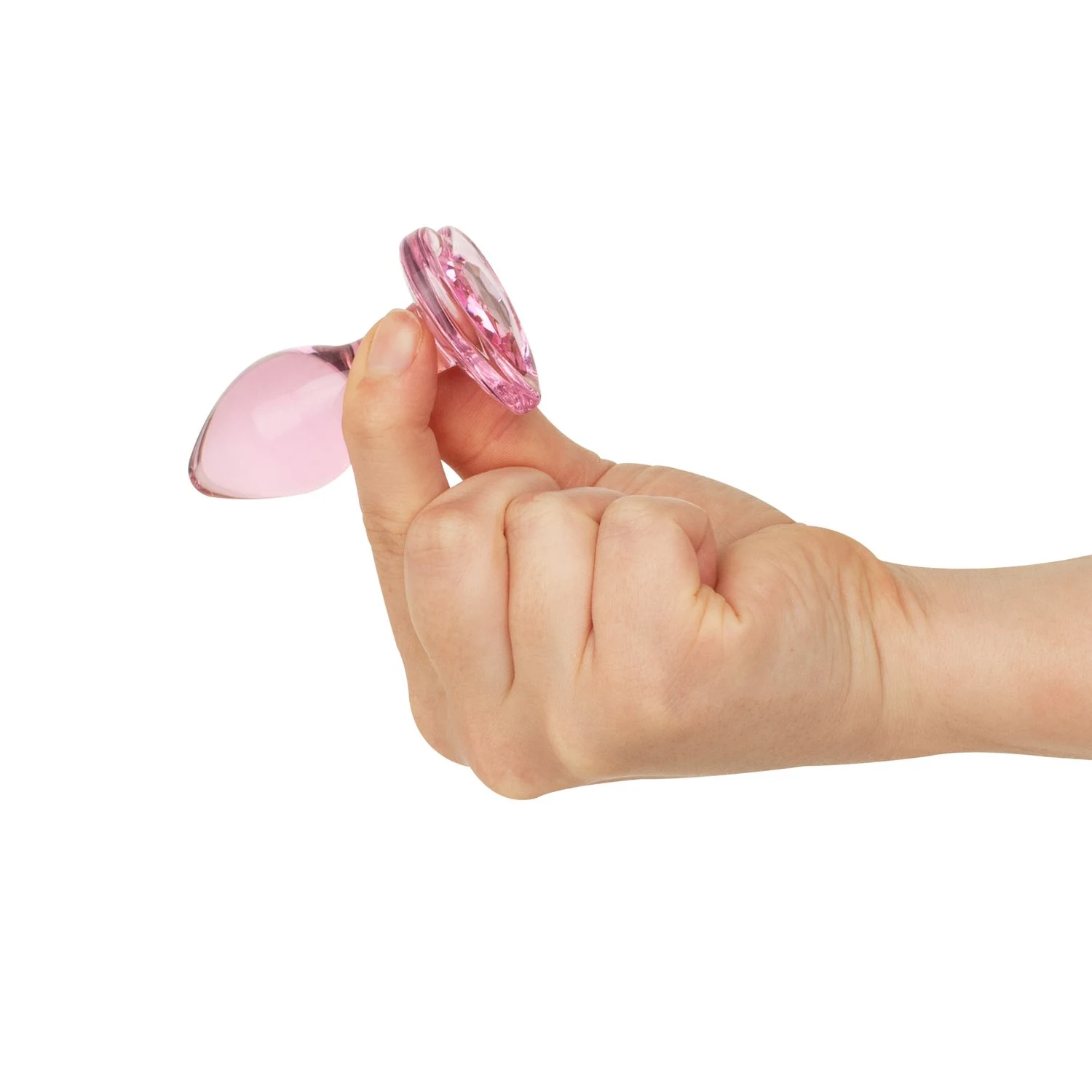 Roze glazen buttplug met hartvormige basis en lengte van 70 mm