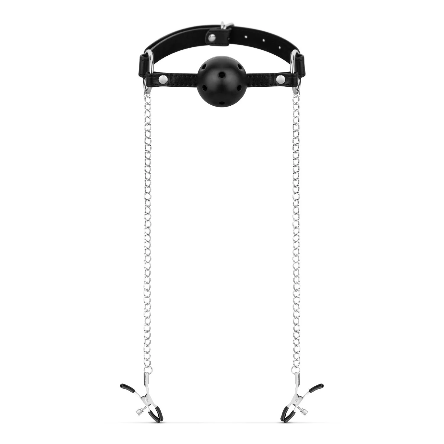 Zwarte ball gag met tepelklemmen van Bedroom Fantasies