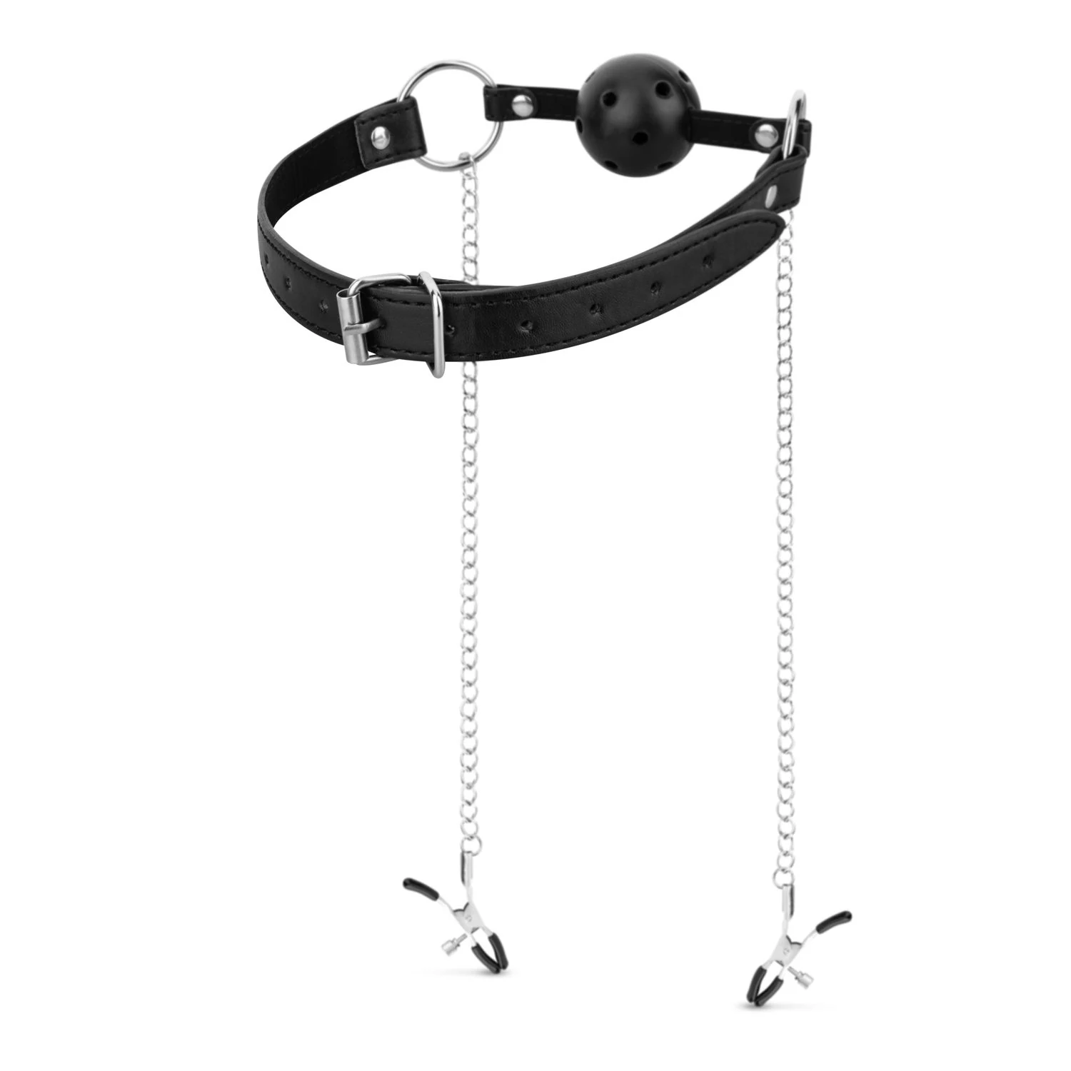 Ball gag met tepelklemmen met verstelbare spanning