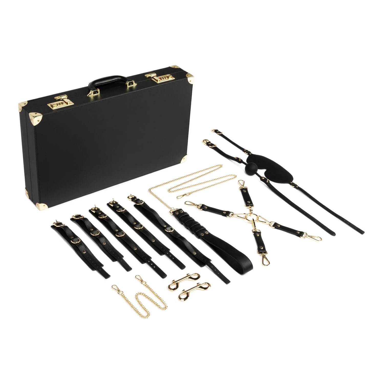 Bondage koffer met handboeien, enkelboeien en halsband