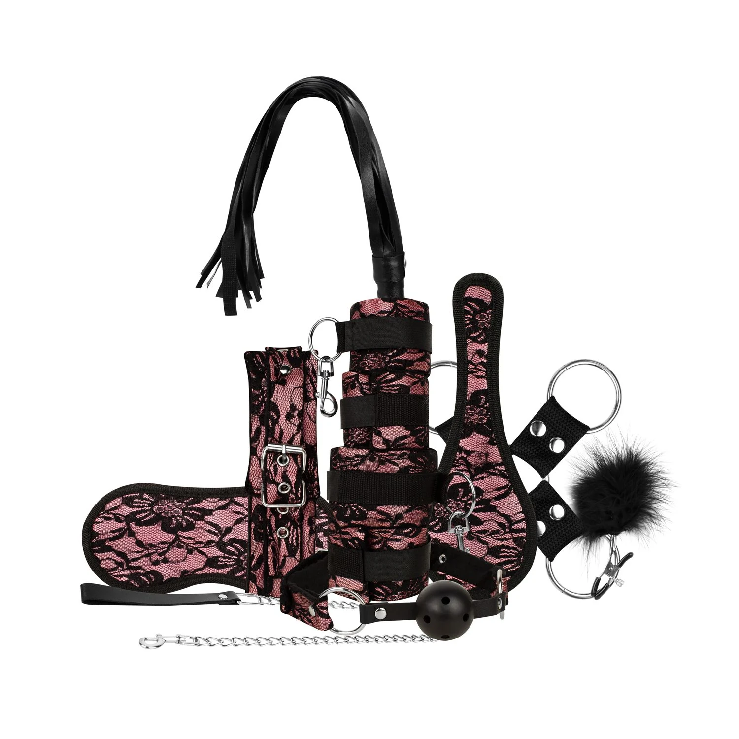 Roze Bound by Lace bondage set met 8 essentiële stukken