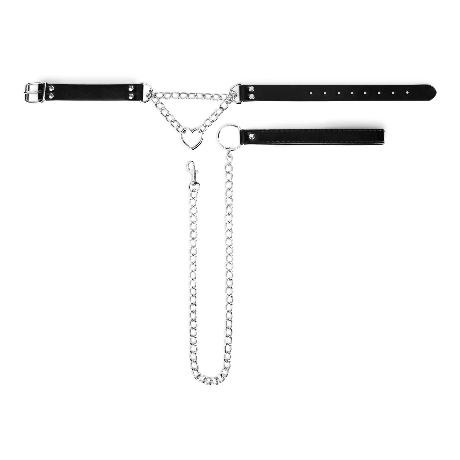 Zilveren BDSM halsband met ketting en hartvormige ring