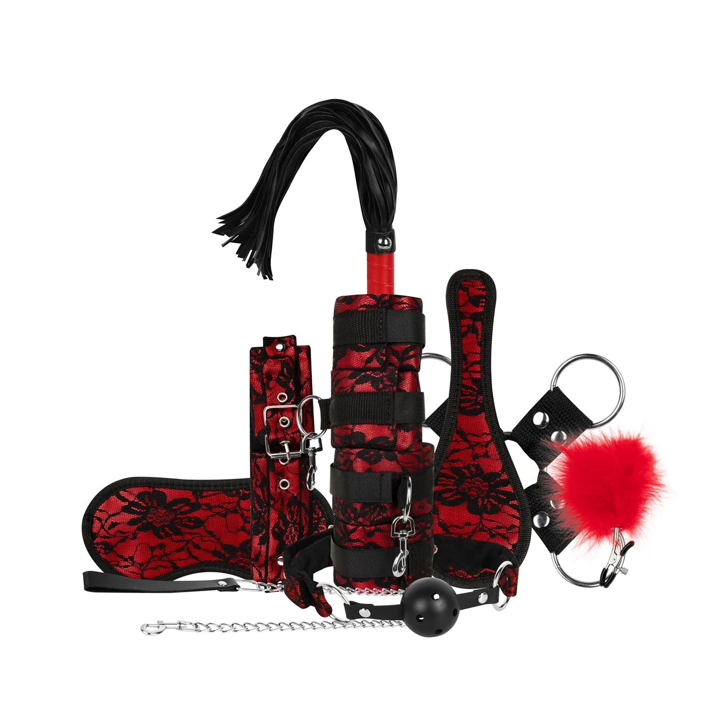 Bedroom Fantasies bondage set rood, 8-delig met lace & leather look