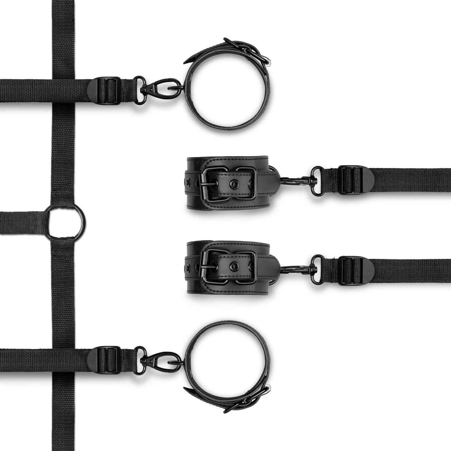 Under mattress restraint set met verstelbare banden, kunstleer en metalen onderdelen