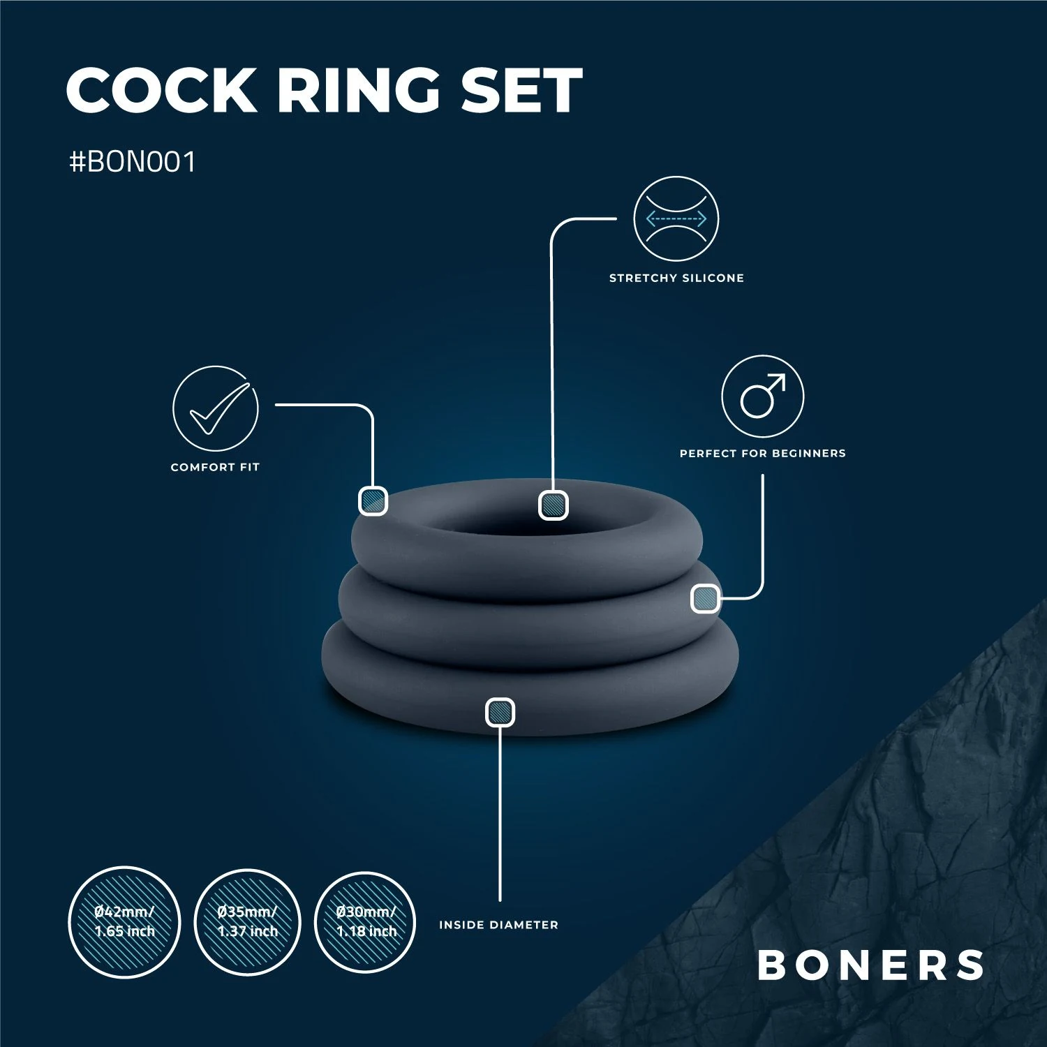 Grijze cockringen set van Boners met 3 verschillende maten