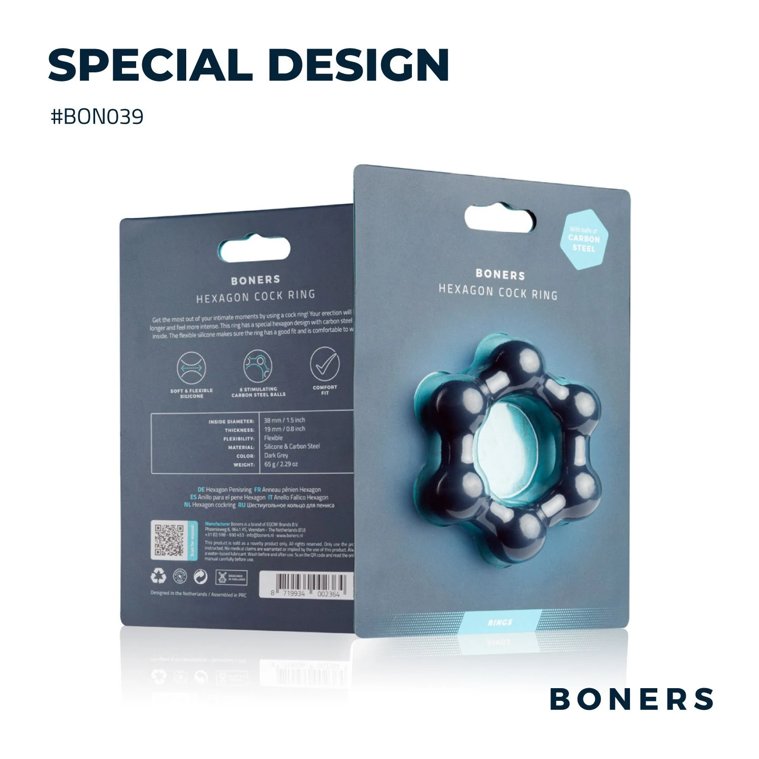 Grijze Boners Hexagon Cockring, rekbaar en flexibel siliconen