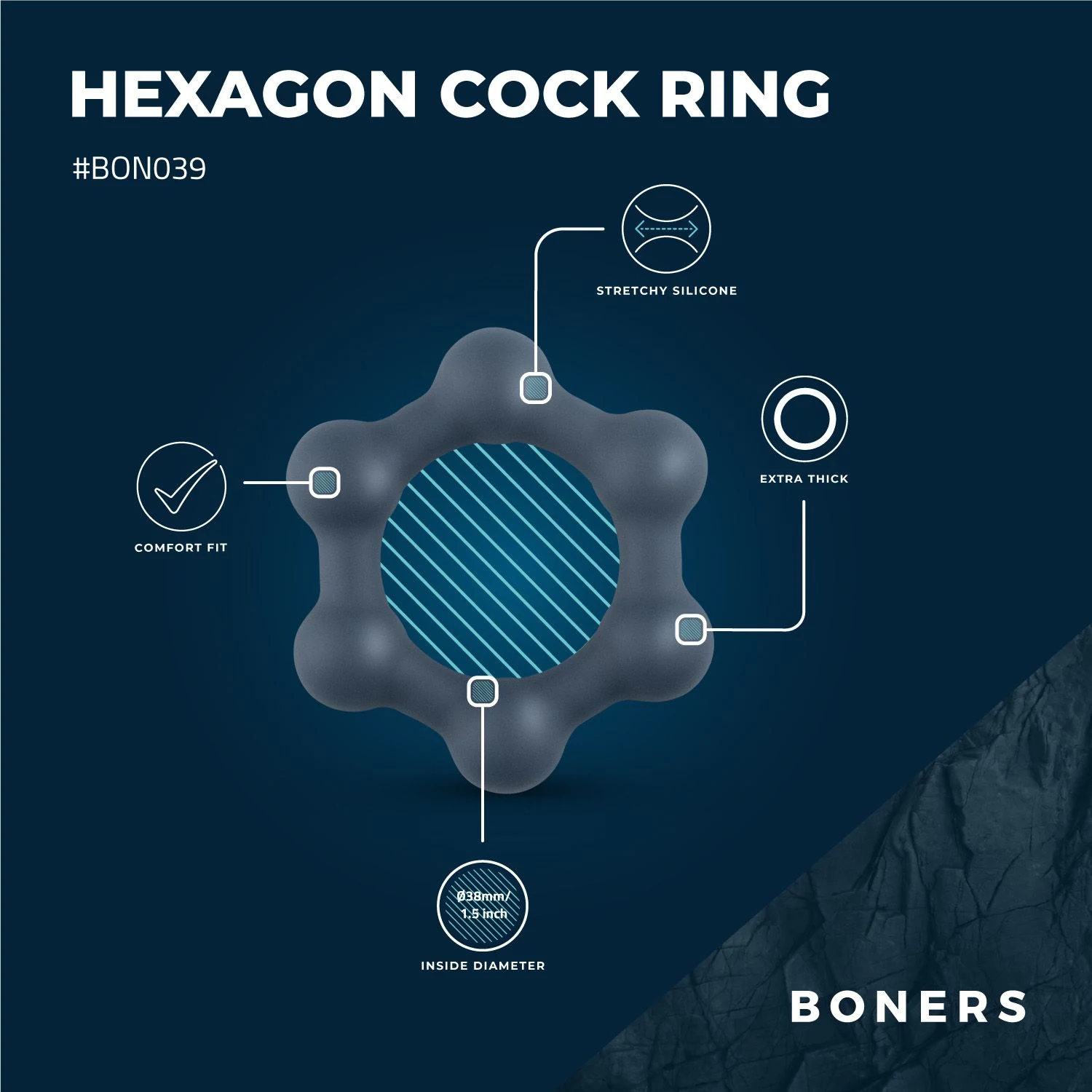 Boners Hexagon Cockring met bewegende kralen voor stimulatie van de penis