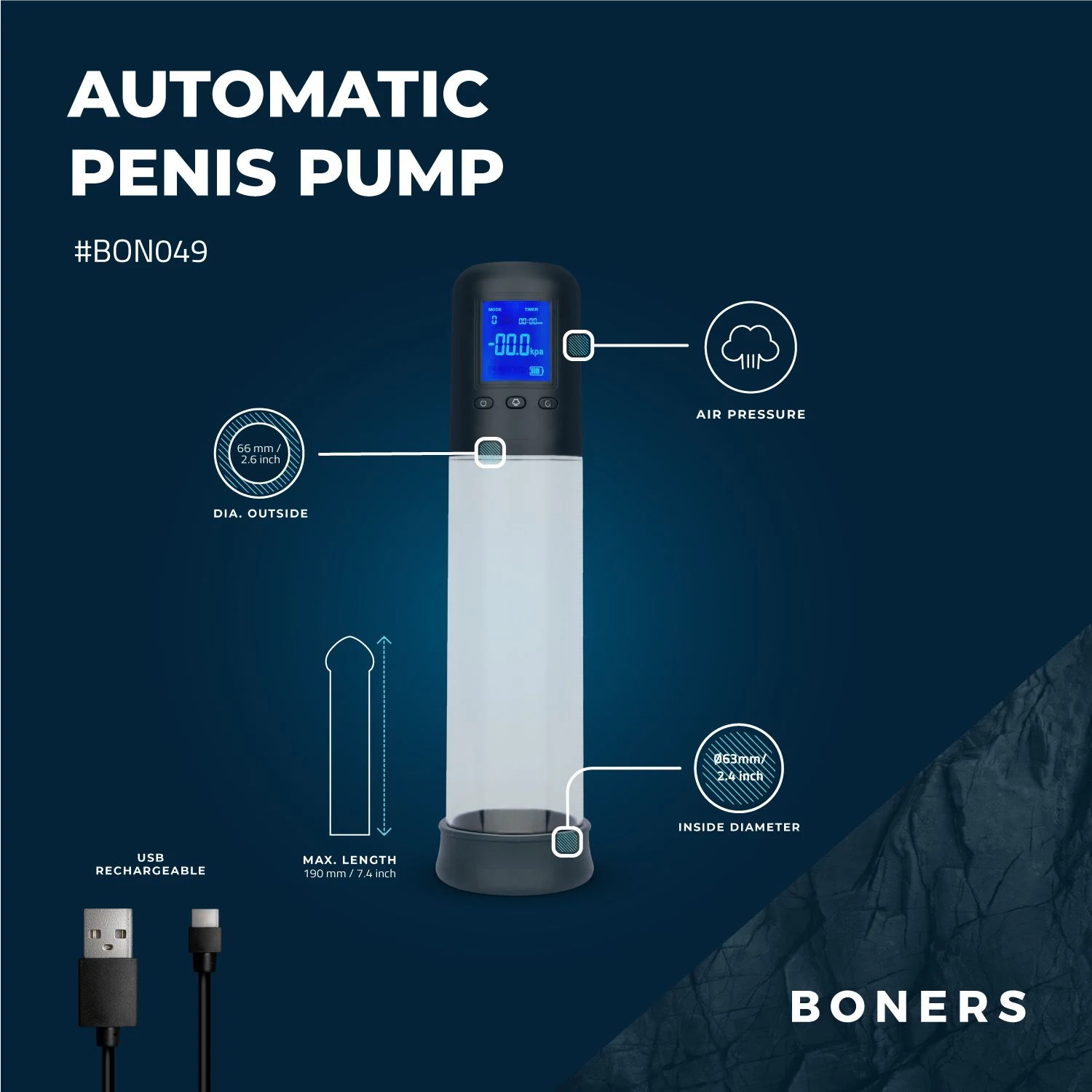 Boners penispomp met LCD-scherm met instelbare druk