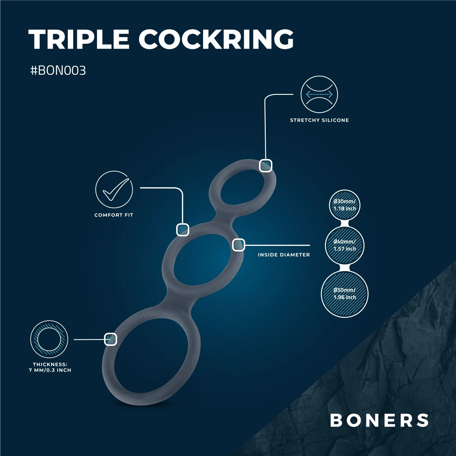 Boners Triple Ring cockring en ballstretcher voor penis en scrotum