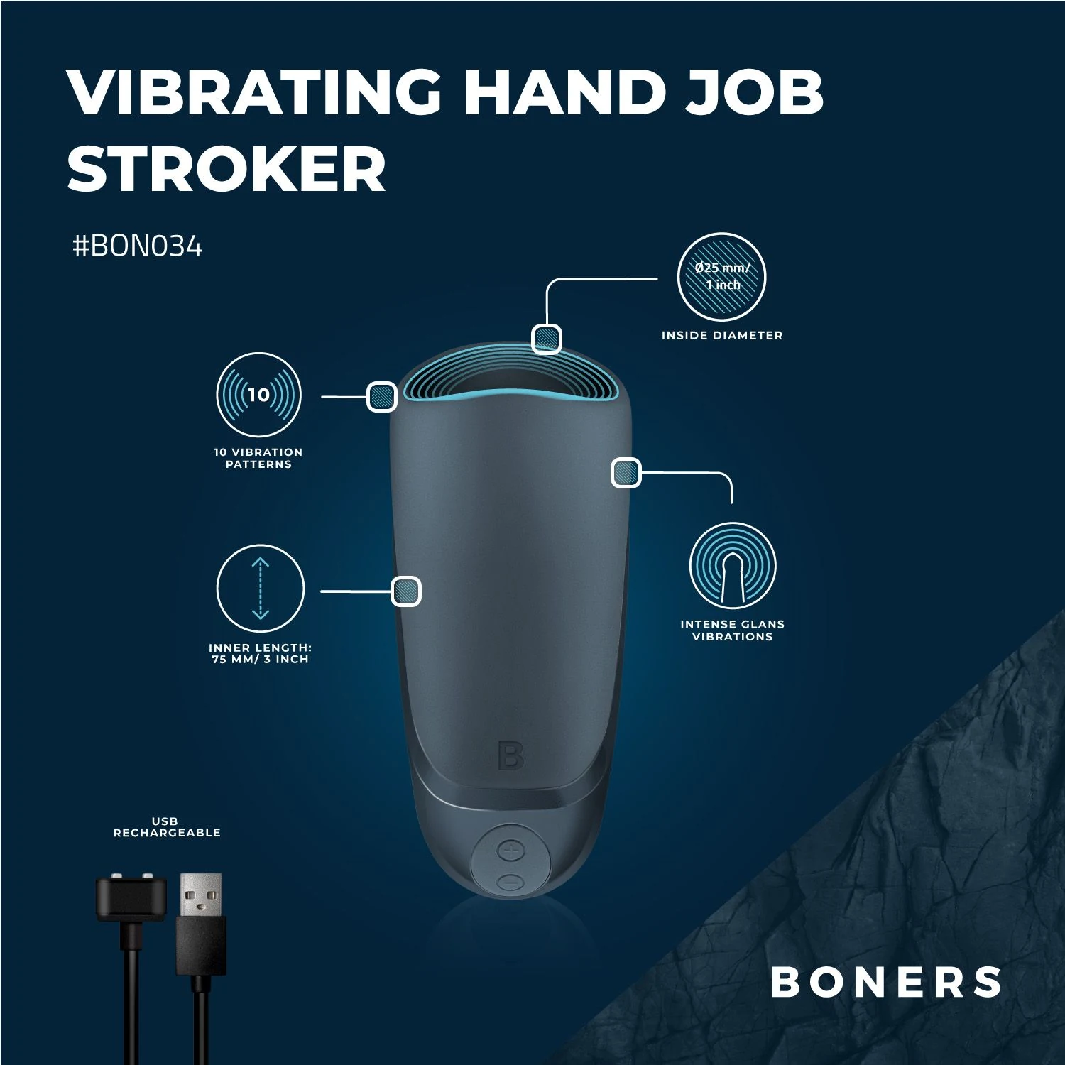 Oplaadbare Boners blowjob simulator met USB-oplaadkabel en 45 minuten batterijduur