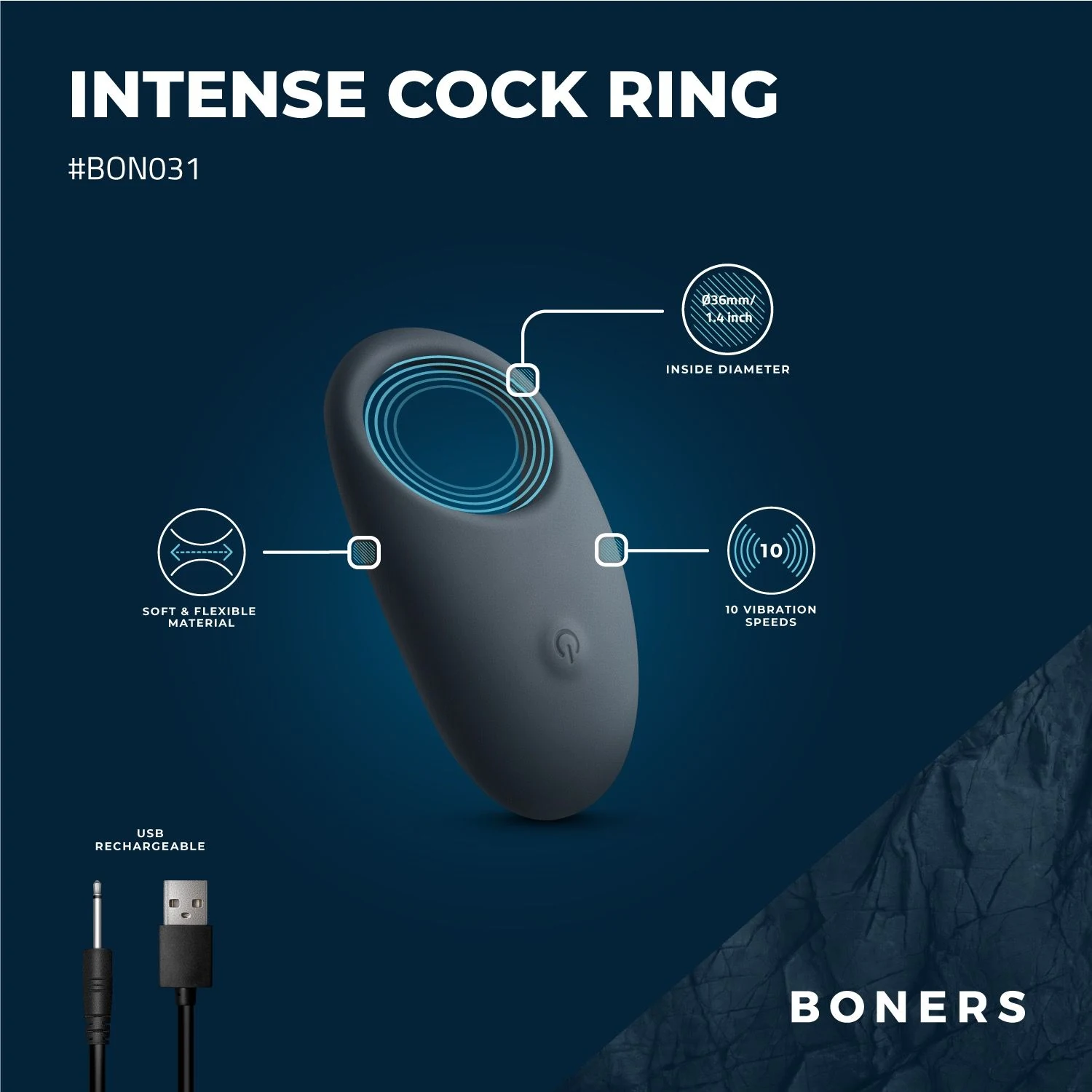 Oplaadbare vibrerende cockring met USB-kabel van Boners
