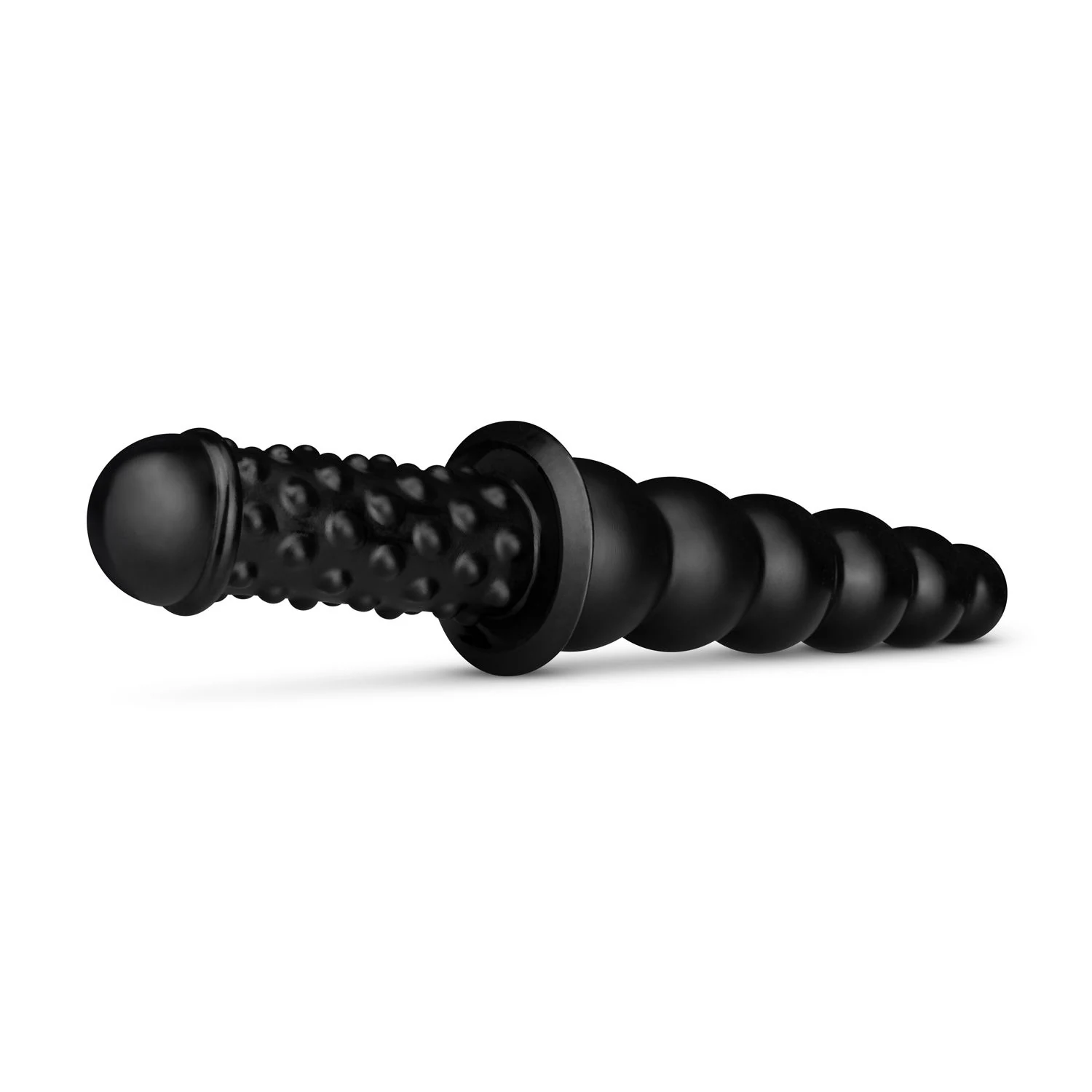 BUTTR Akimbo zwarte dubbele dildo met noppen en geribbelde schacht