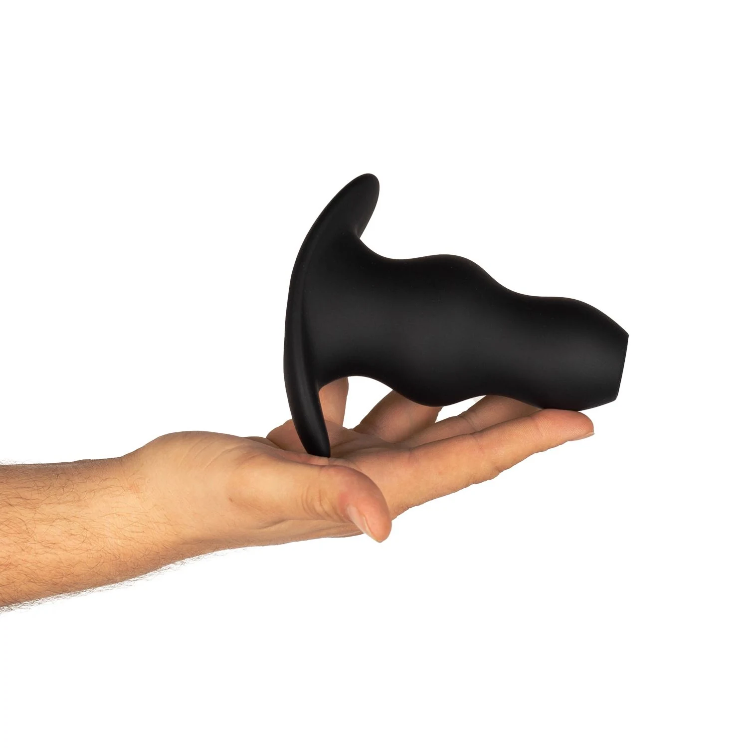 Zwarte holle buttplug met geribbelde schacht en brede voet
