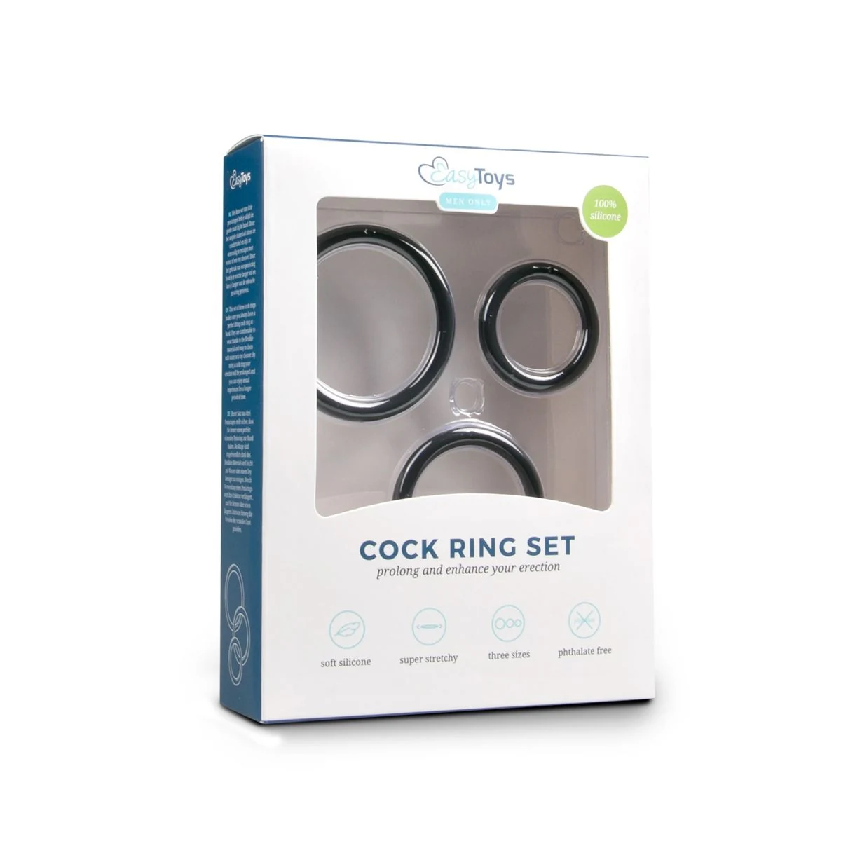 Zwarte cockring set met drie diameters: 3, 4 en 5 cm