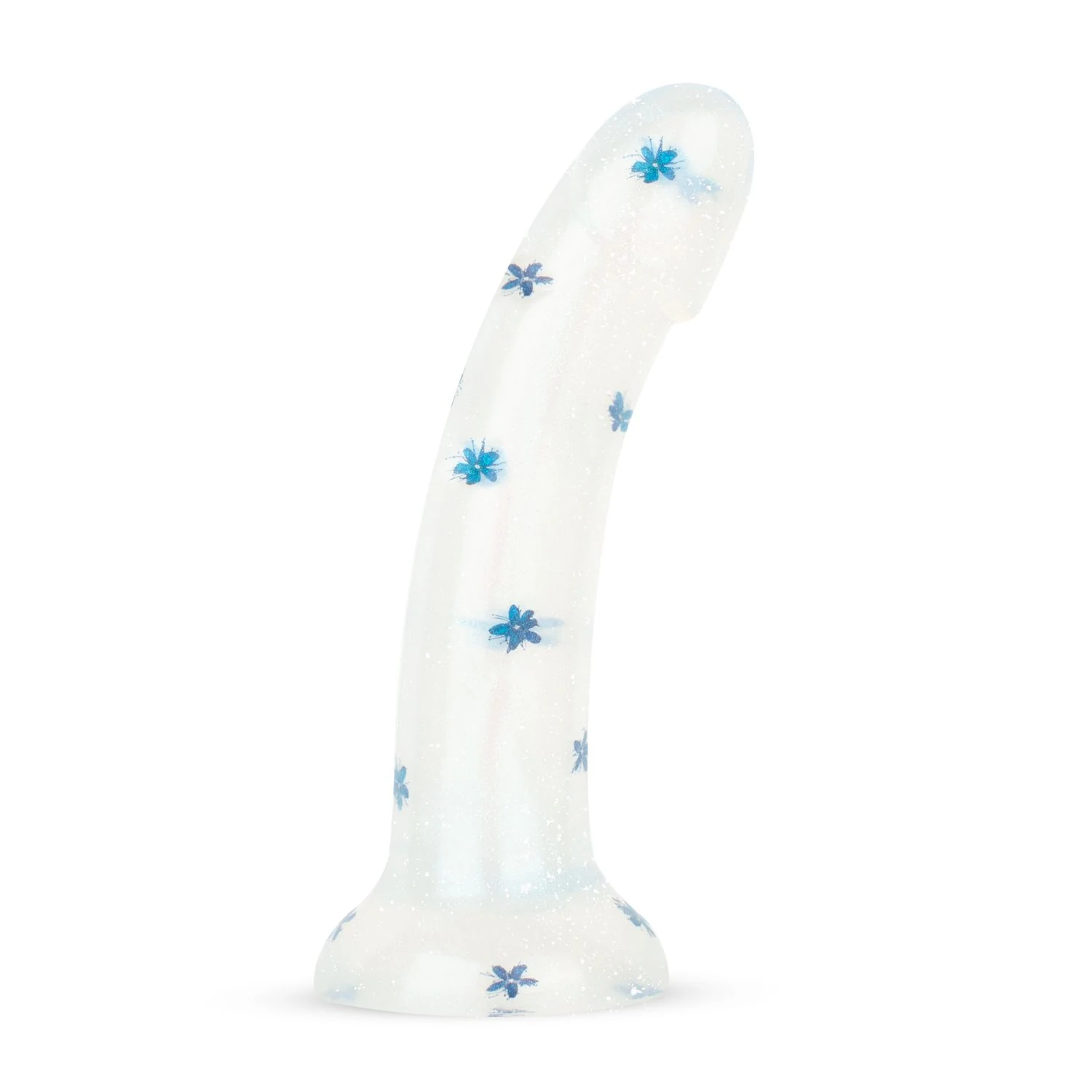 Blauwe dildo met zuignap, glitterdesign en gebogen vorm, 19 cm