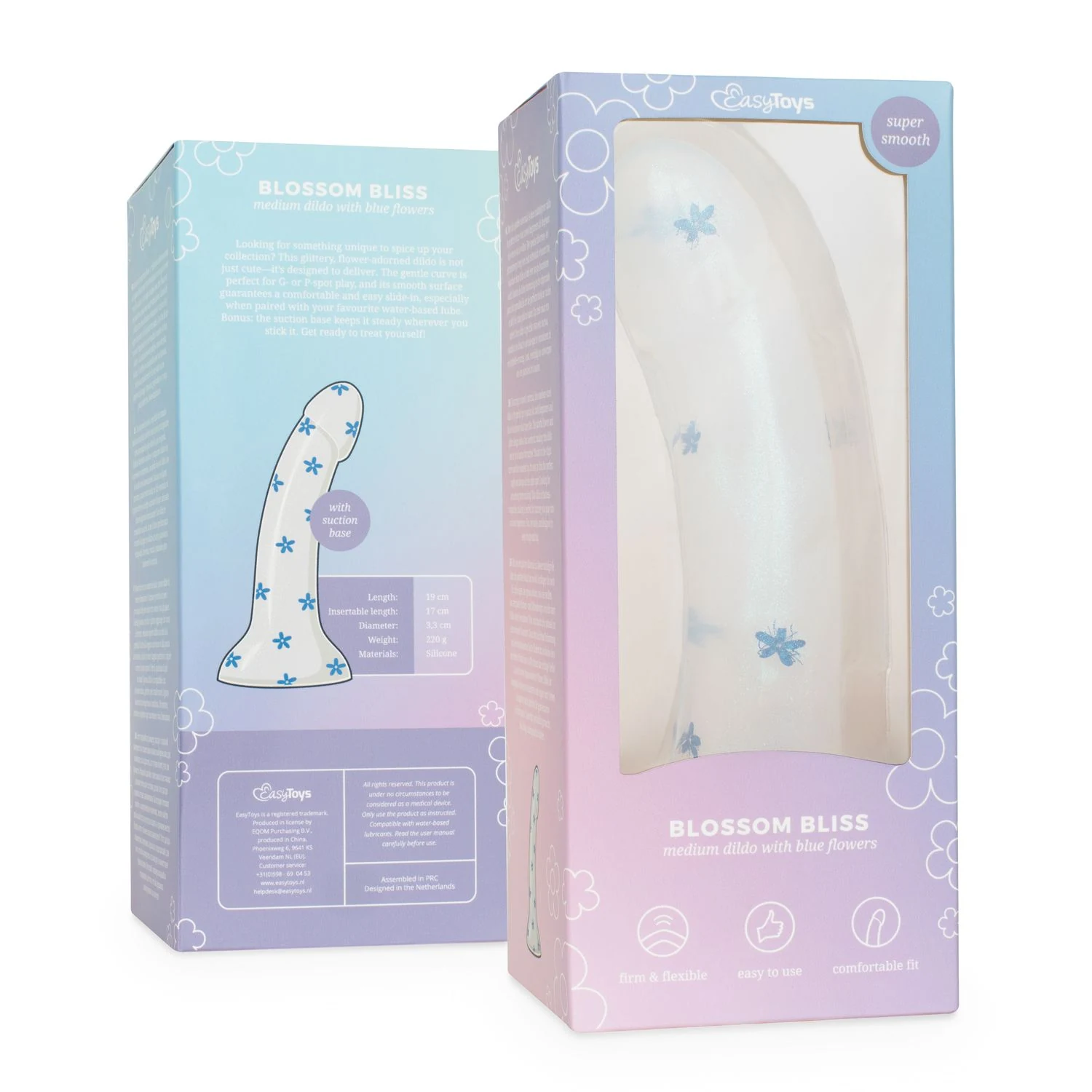 Blossom Bliss dildo blauw, 19 cm, geschikt voor waterbasis glijmiddel