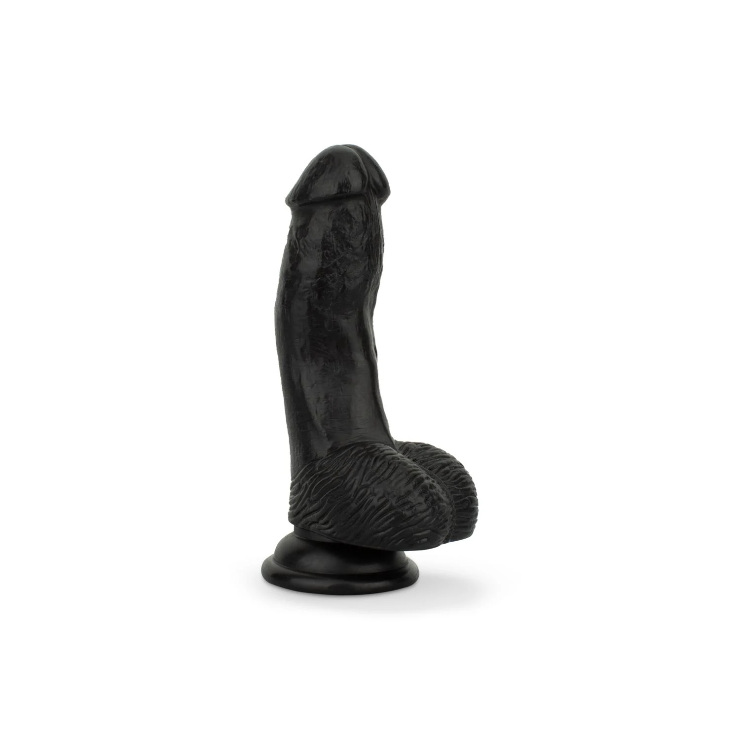 Dildo met ballen 12 cm in zwart met gebogen schacht en zuignap
