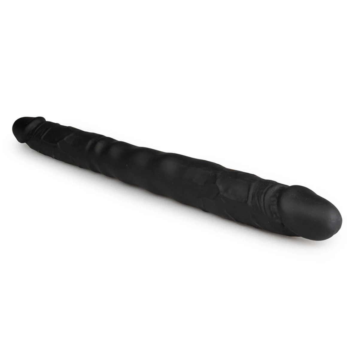 Flexibele dubbele dildo zwart met ronde eikel en getextureerde schacht