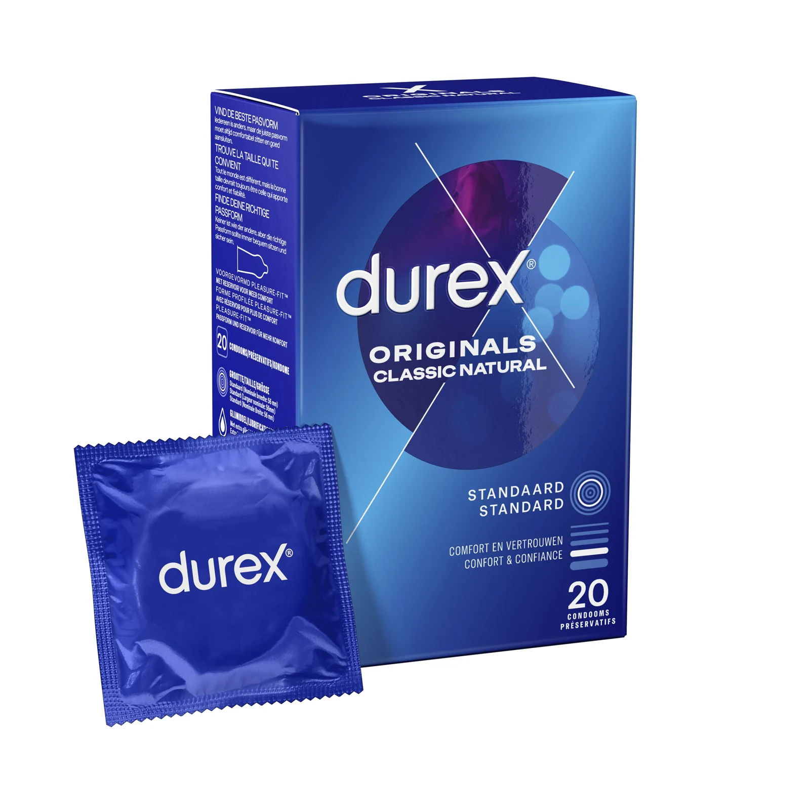 Durex Classic Natural condooms, 20 stuks, neutraal en glad met reservoir en Easy-On pasvorm