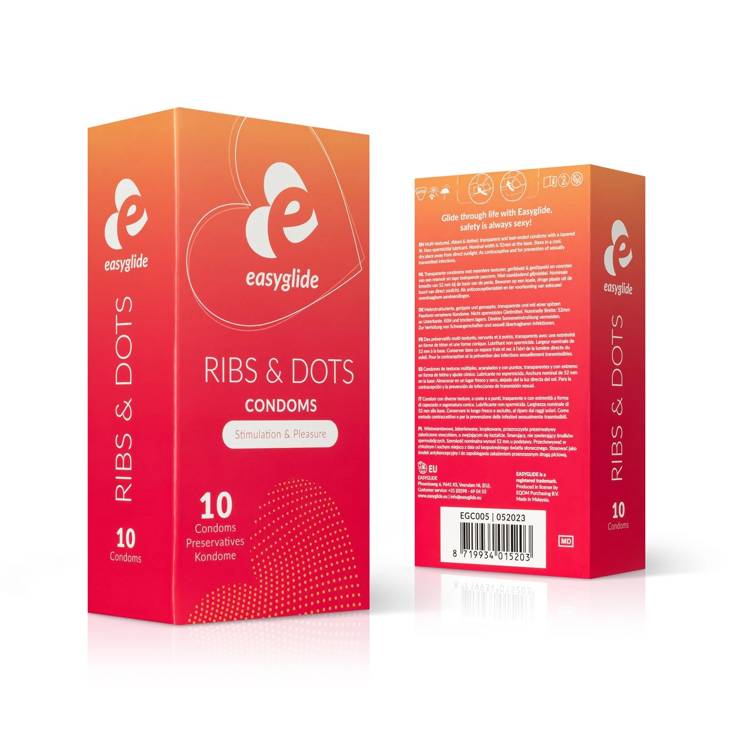 EasyGlide Ribs and Dots condooms 10 stuks, anatomisch gevormd met reservoir