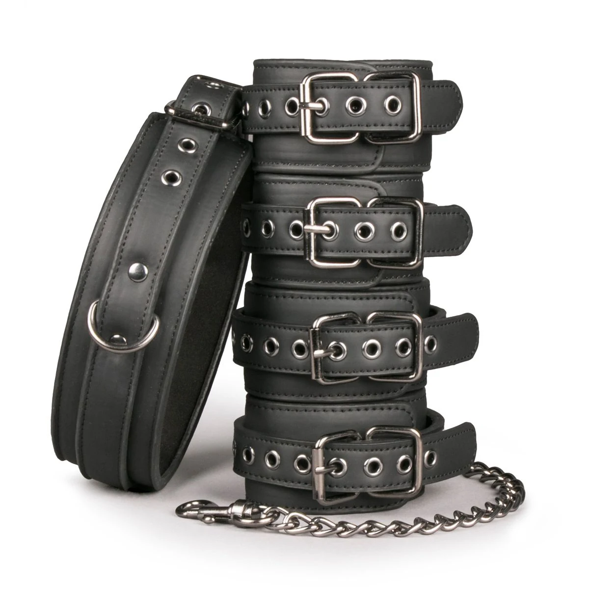Easytoys Fetish bondage set met halsband, handboeien en enkelboeien in zwart kunstleer