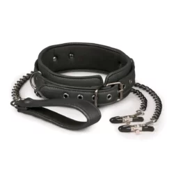 Easytoys Fetish kunstleren halsband met tepelklemmen in zwart