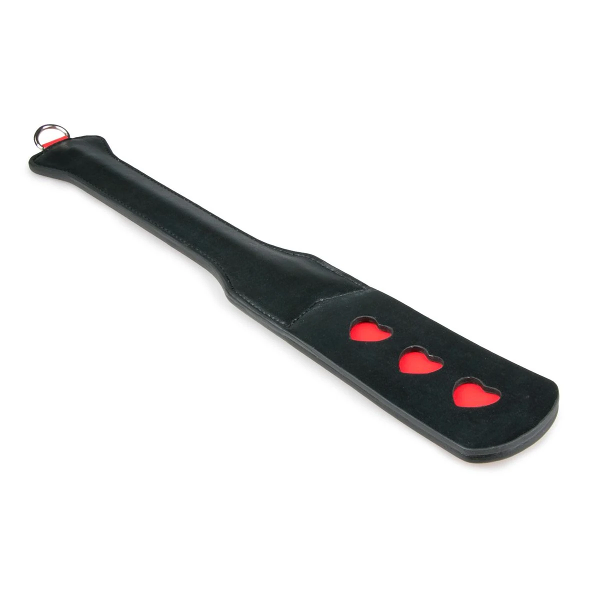 Lange paddle met hartje en comfortabel handvat voor goede grip, zwart kunstleer