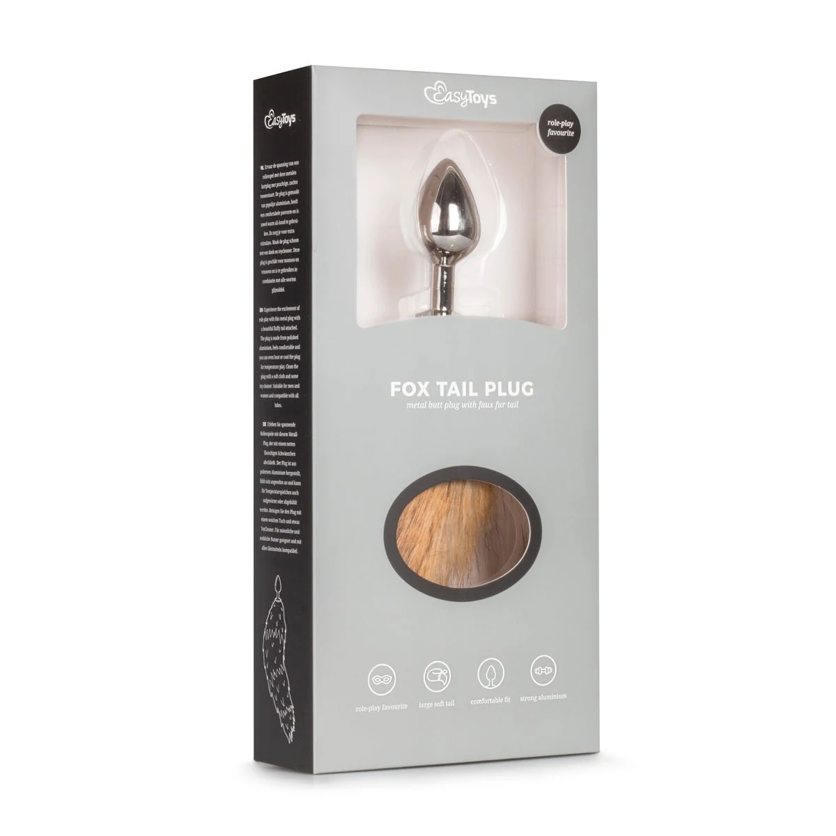 Metalen vossenstaart buttplug met platte onderkant en bruine staart