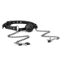 Easytoys Fetish open ball gag met tepelklemmen in zwart