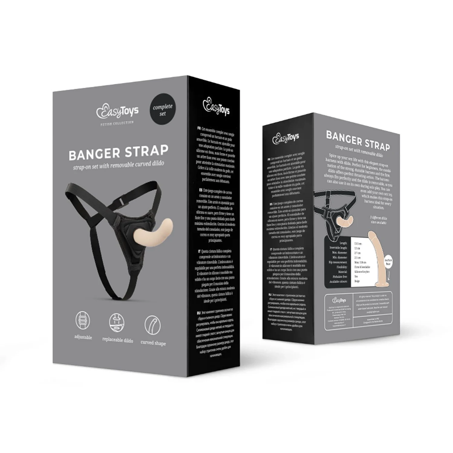 Gebogen strap-on-dildo met harnas voor vaginaal en anaal gebruik
