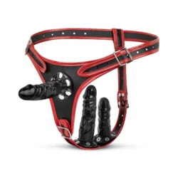 Easytoys Fetish triple dildo strap-on harnas in zwart-rood met 3 afneembare dildo's
