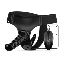 Easytoys Fetish vibrerende strap-on set zwart met verstelbaar harnas en twee dildo's