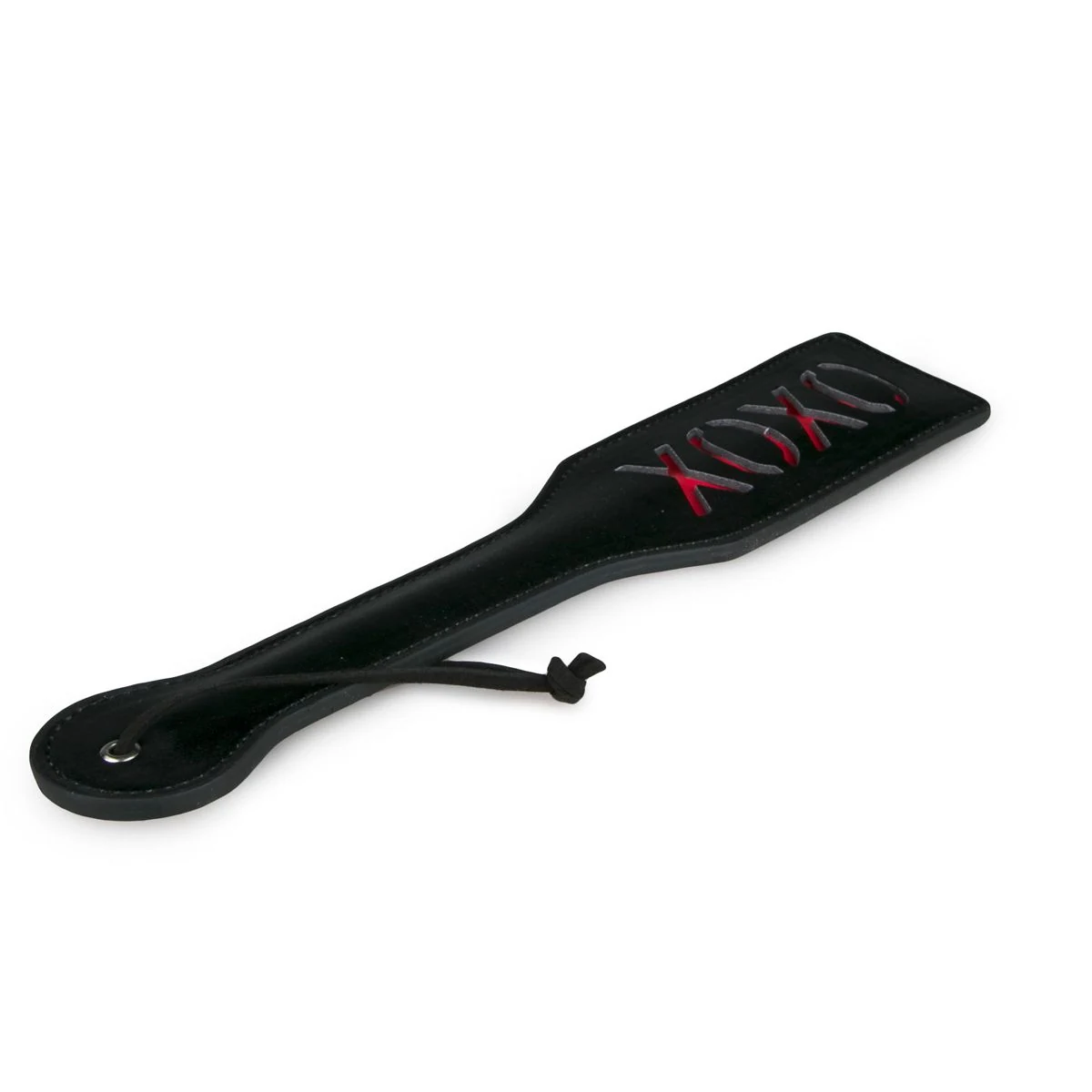 Zwarte leren paddle XOXO voor BDSM met XOXO opdruk