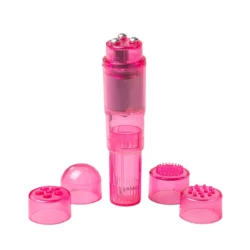 Easytoys Pocket Rocket roze mini vibrator met draaiknop en 4 opzetstukken