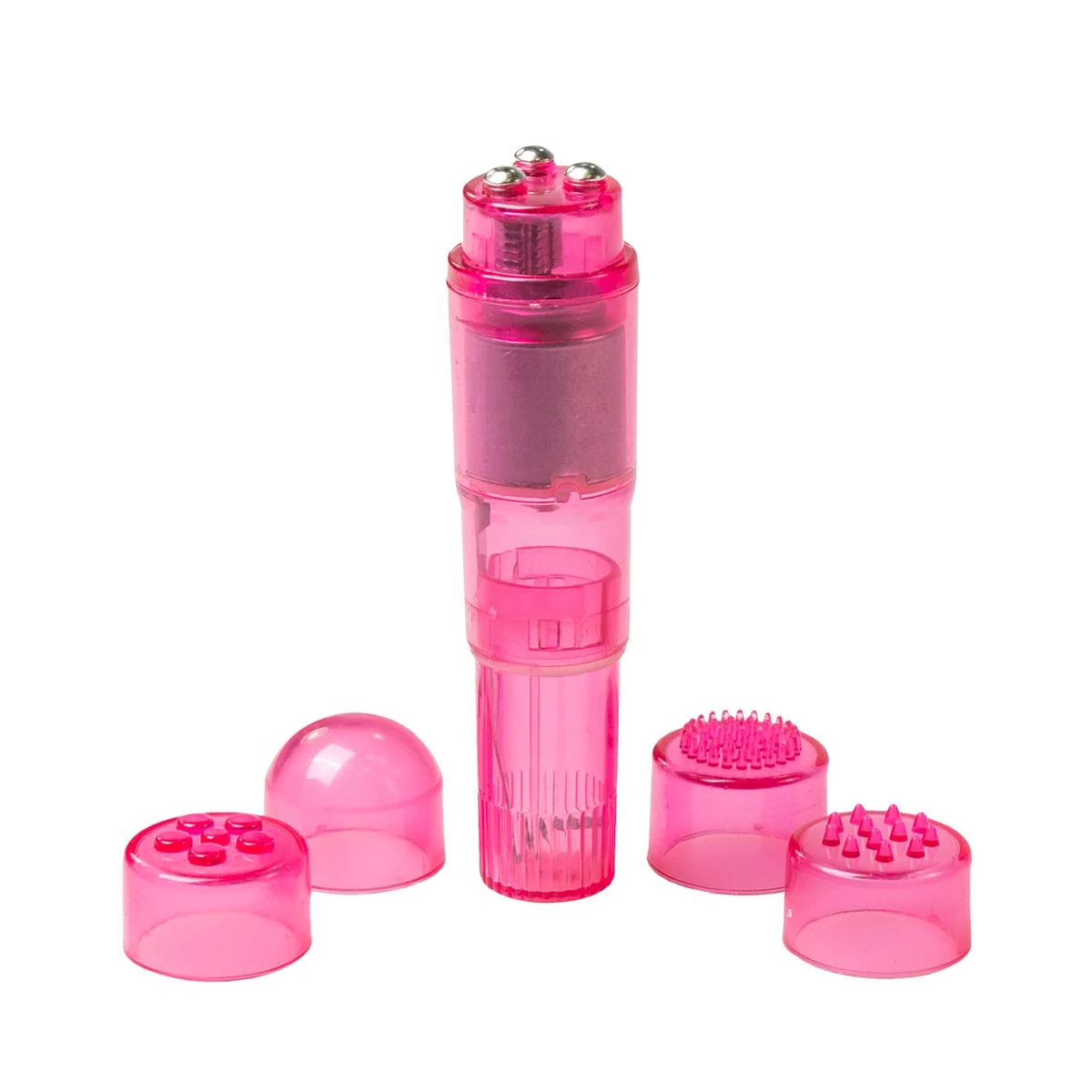 Easytoys Pocket Rocket roze mini vibrator met draaiknop en 4 opzetstukken