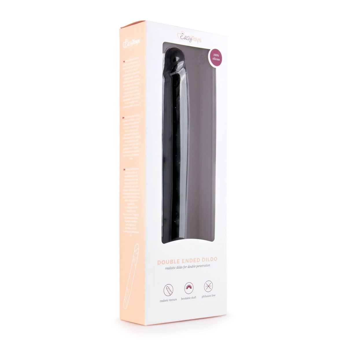 Zwarte dubbelzijdige dildo met geribbelde en geaderde structuur