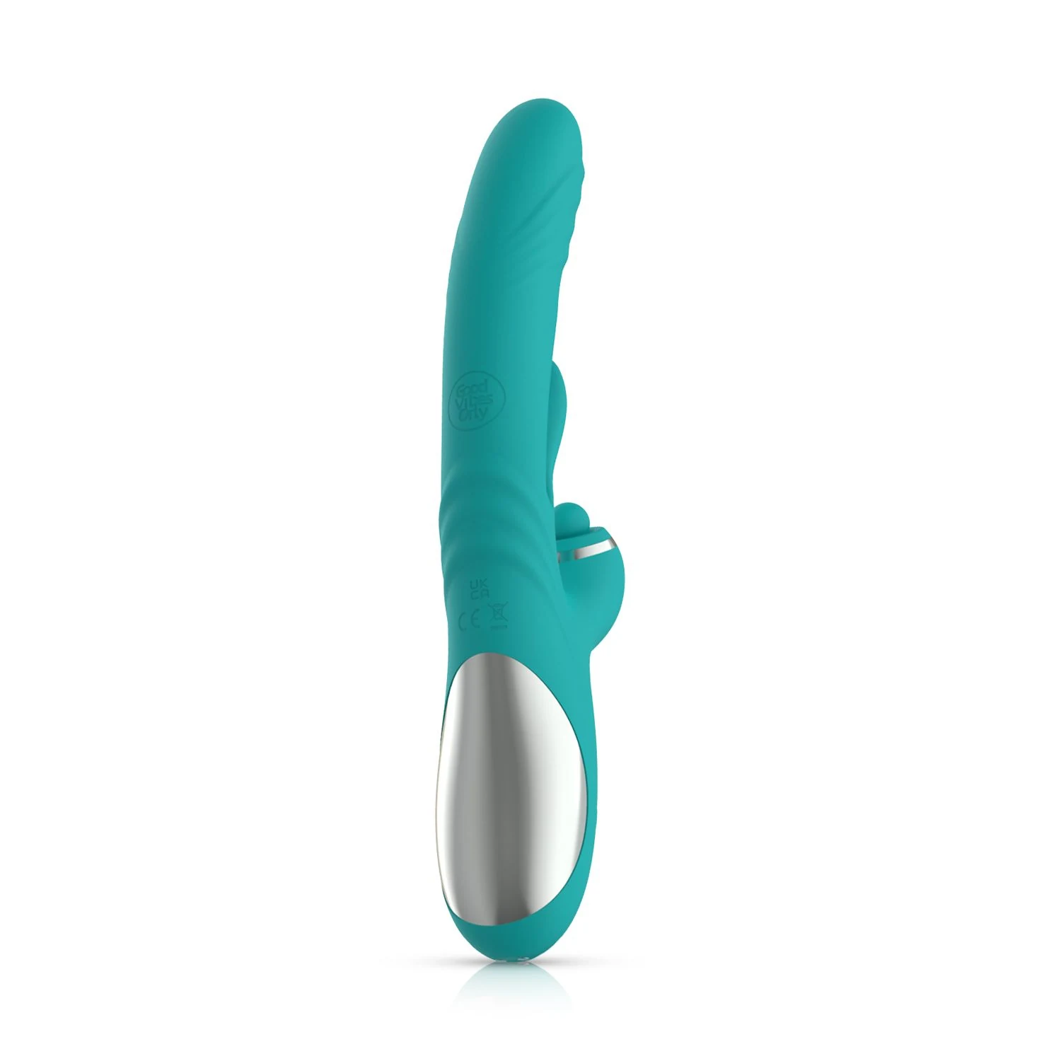 Turquoise vibrator met pushbutton bediening en USB-oplaadkabel