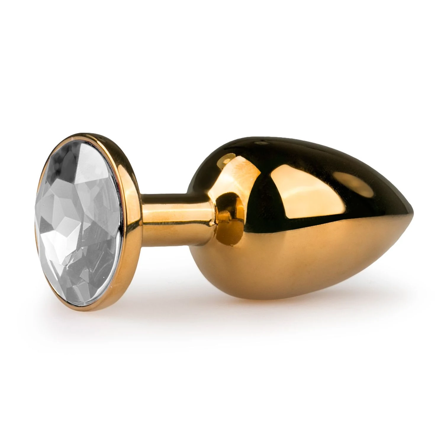 Goudkleurige metalen buttplug met transparante steen en platte onderkant