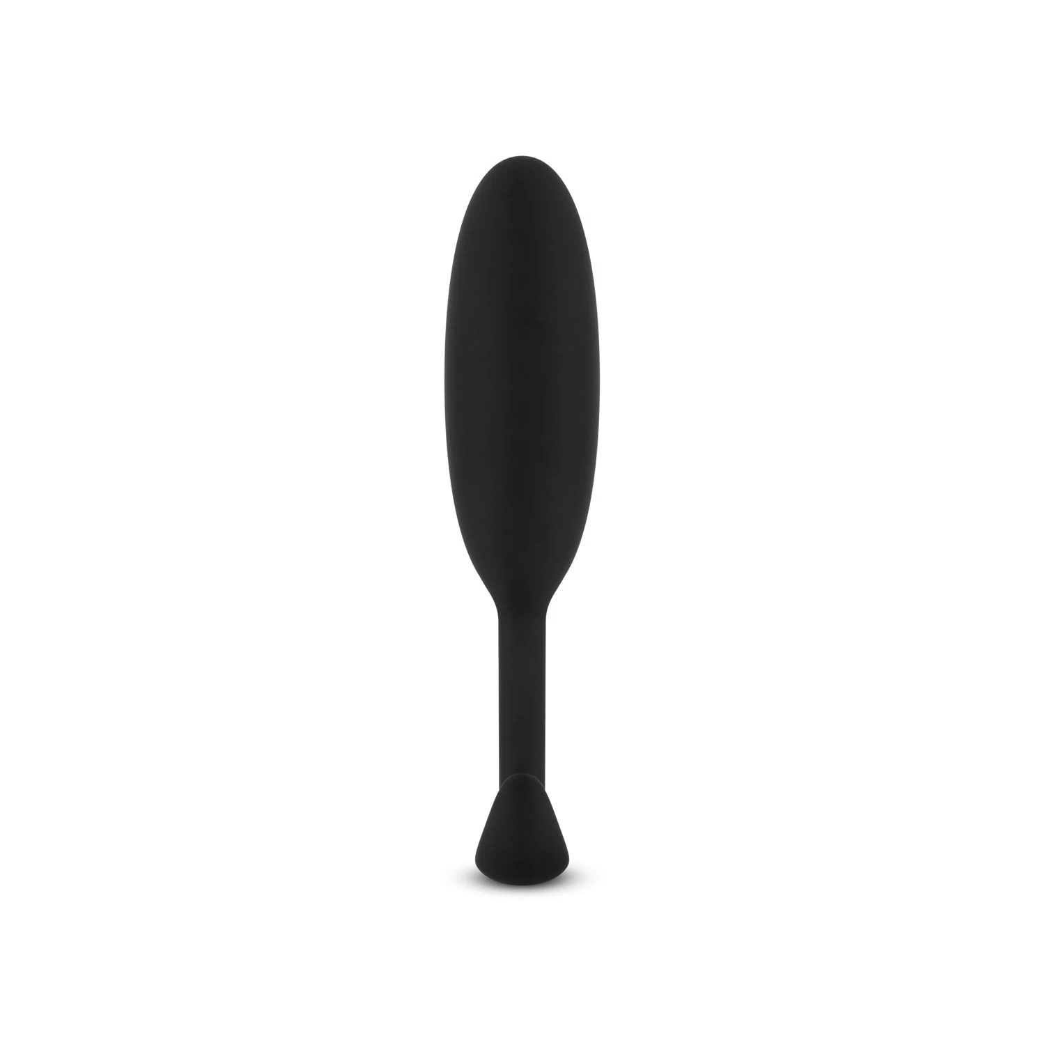 Zwarte verzwaarde buttplug small met ovaalvormig design en maximale diameter van 20 mm