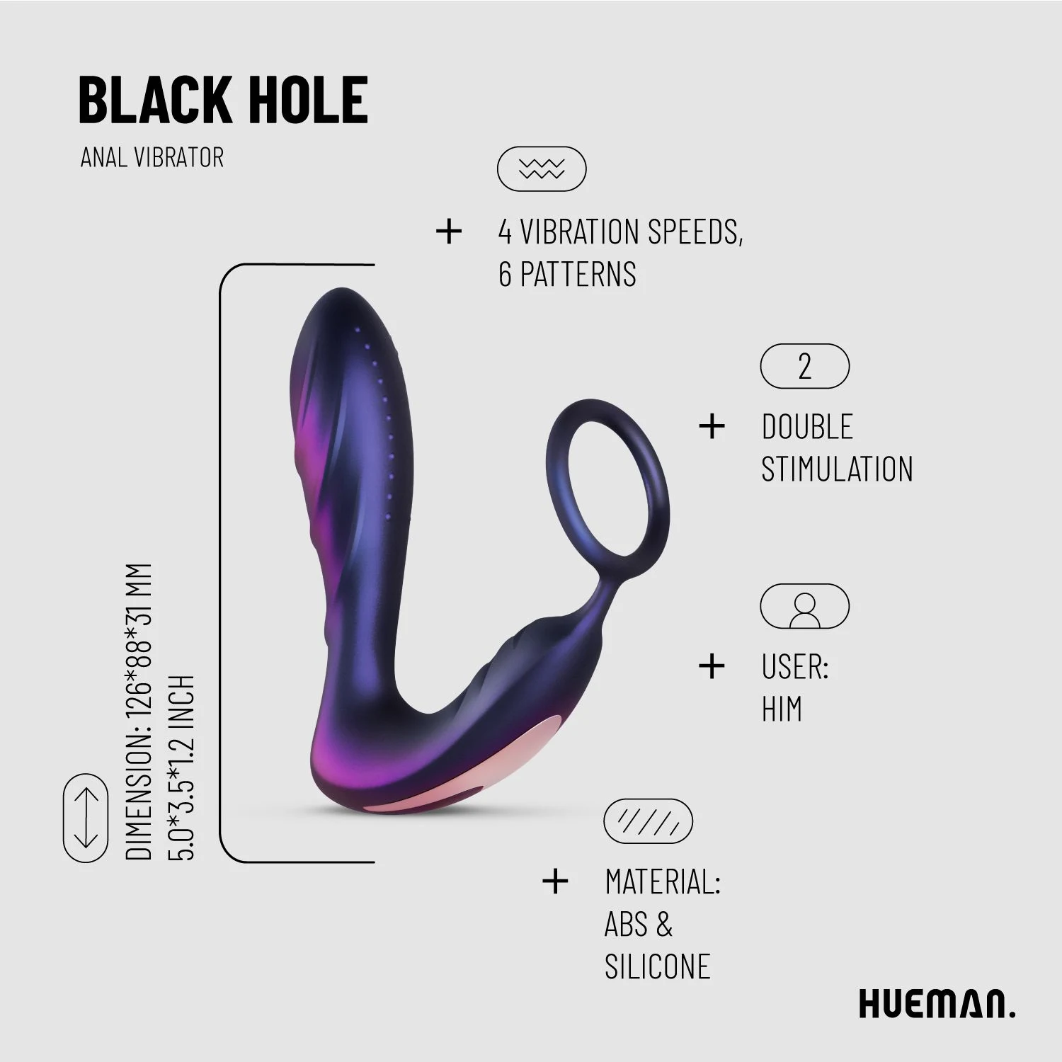 Hueman Black Hole vibrator met cockring voor penis en anus