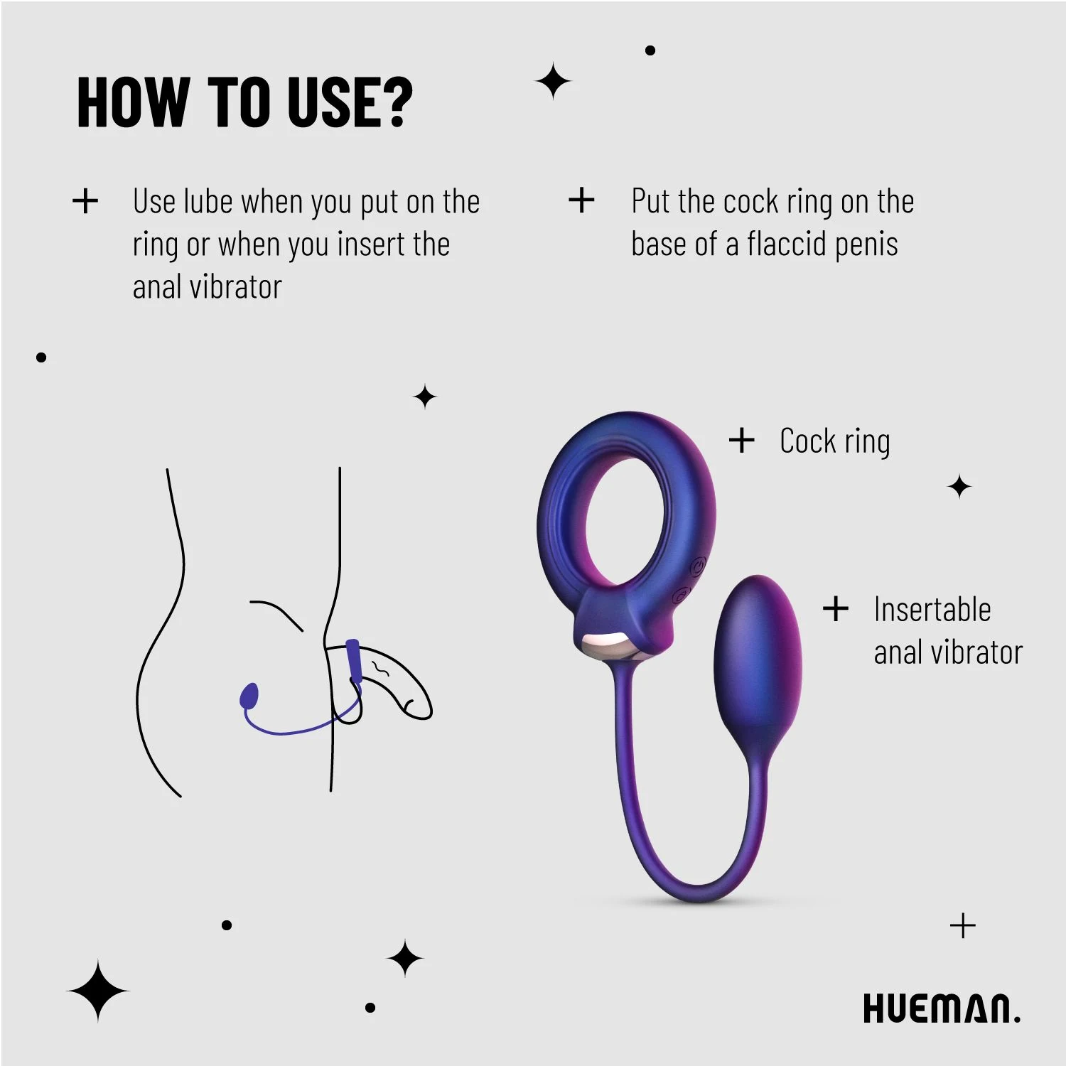 Paarse Hueman cockring met anaal bal, spatwaterdicht en pushbutton bediening