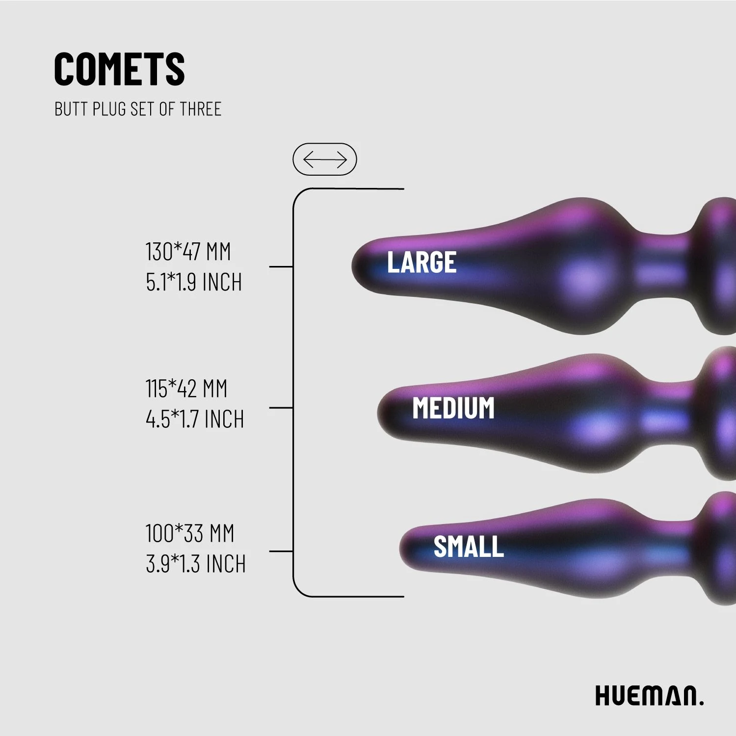 Hueman Comets Buttplug Set met drie verschillende formaten buttplugs