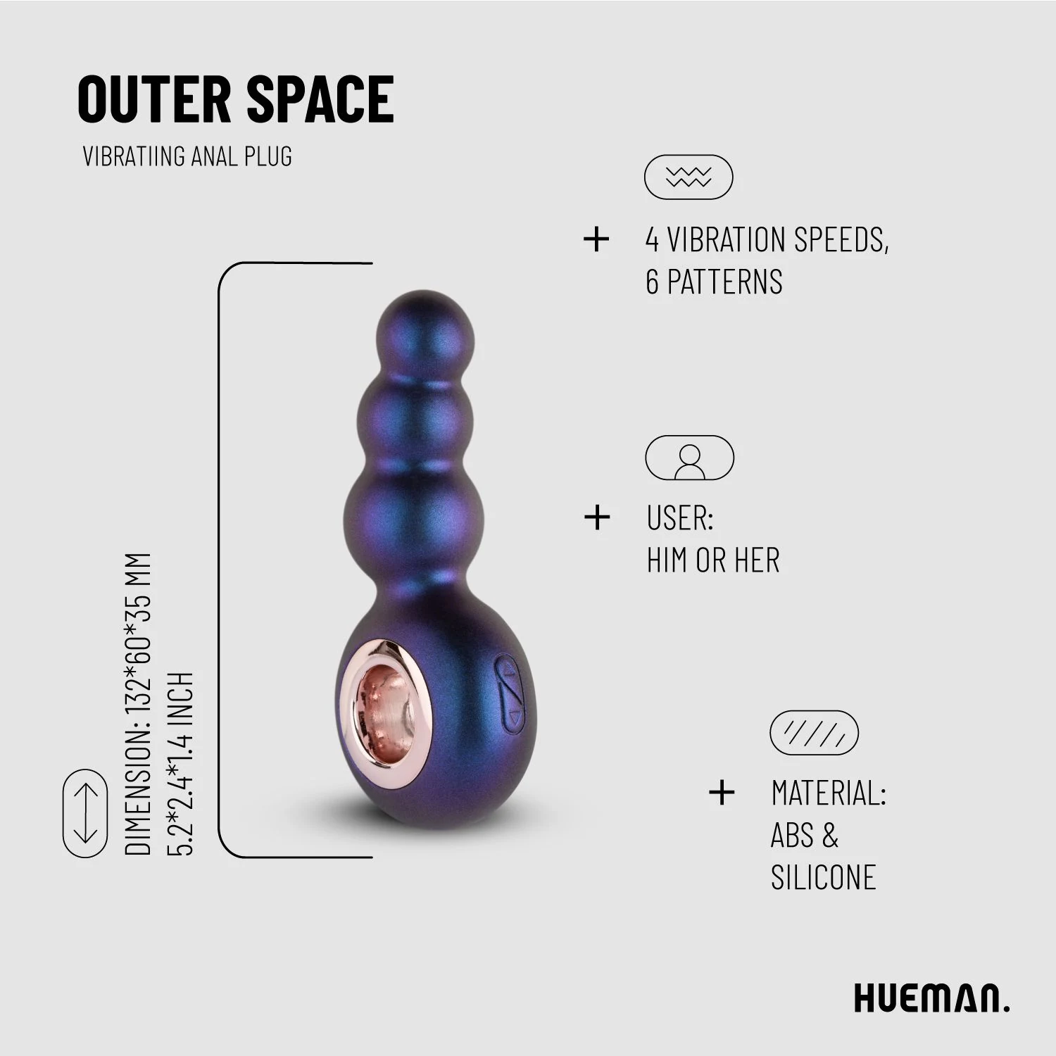 Oplaadbare vibrerende buttplug met usb-oplaadkabel van Hueman
