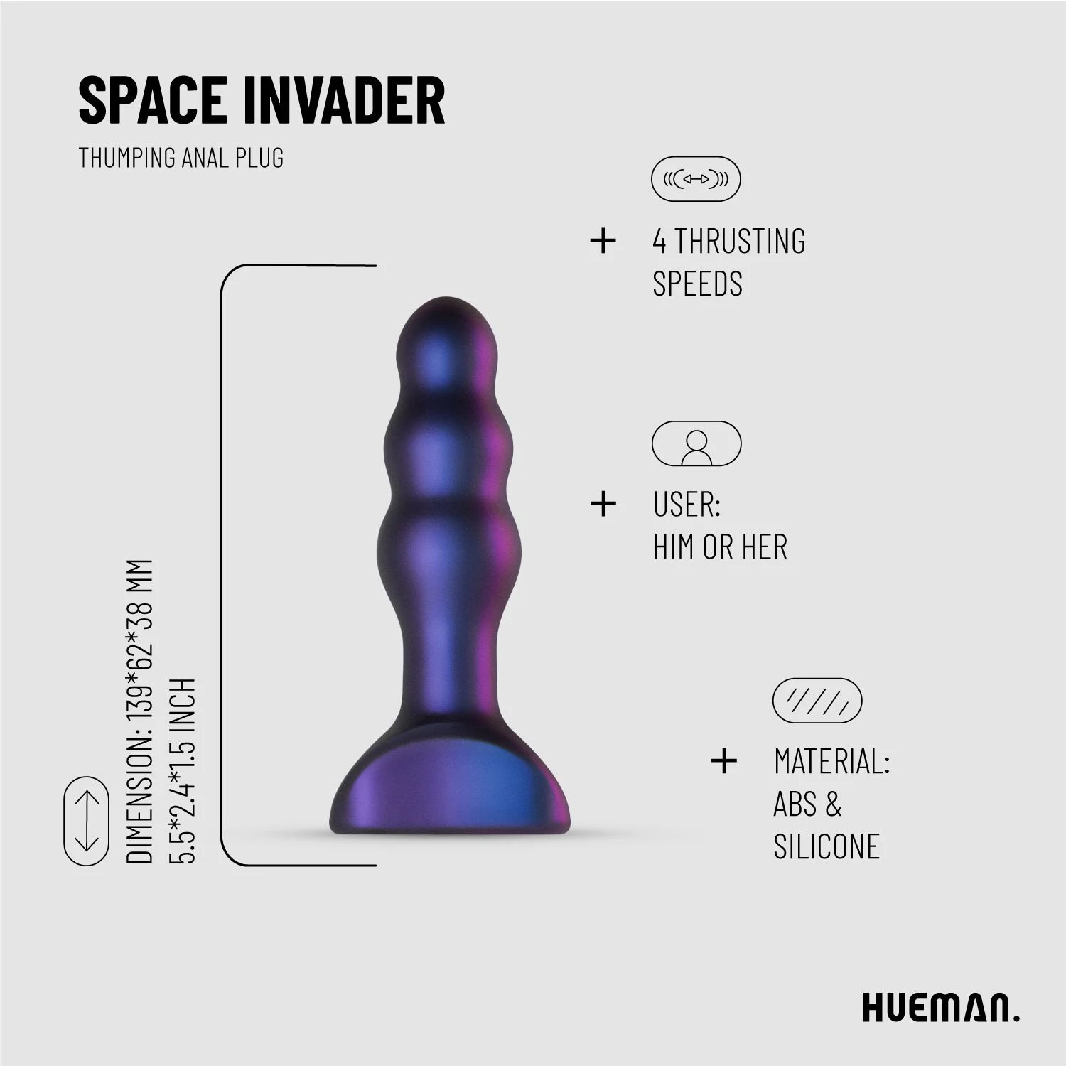Hueman vibrerende buttplug van siliconen en ABS, oplaadbaar via USB