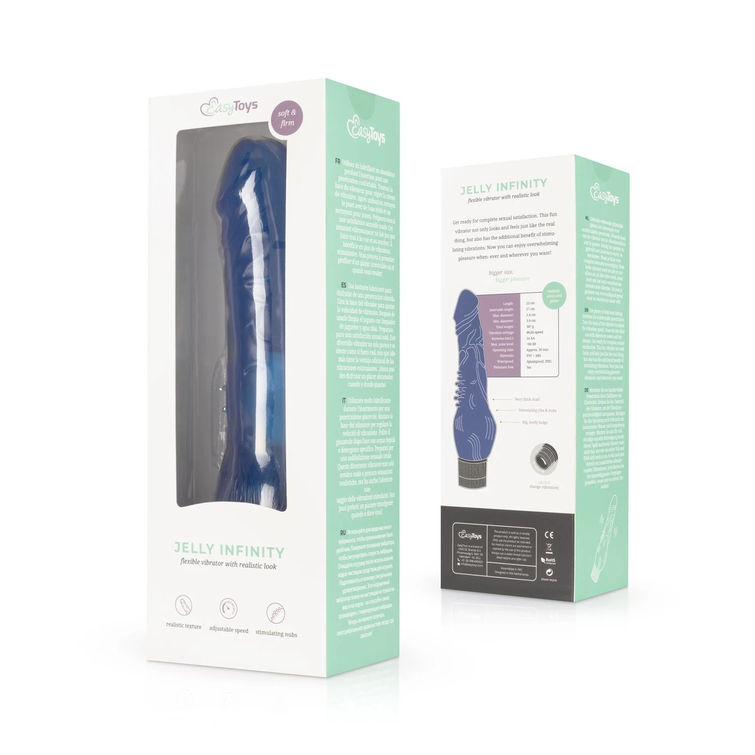 Blauwe realistische vibrator van zacht flexibel materiaal, Jelly Infinity