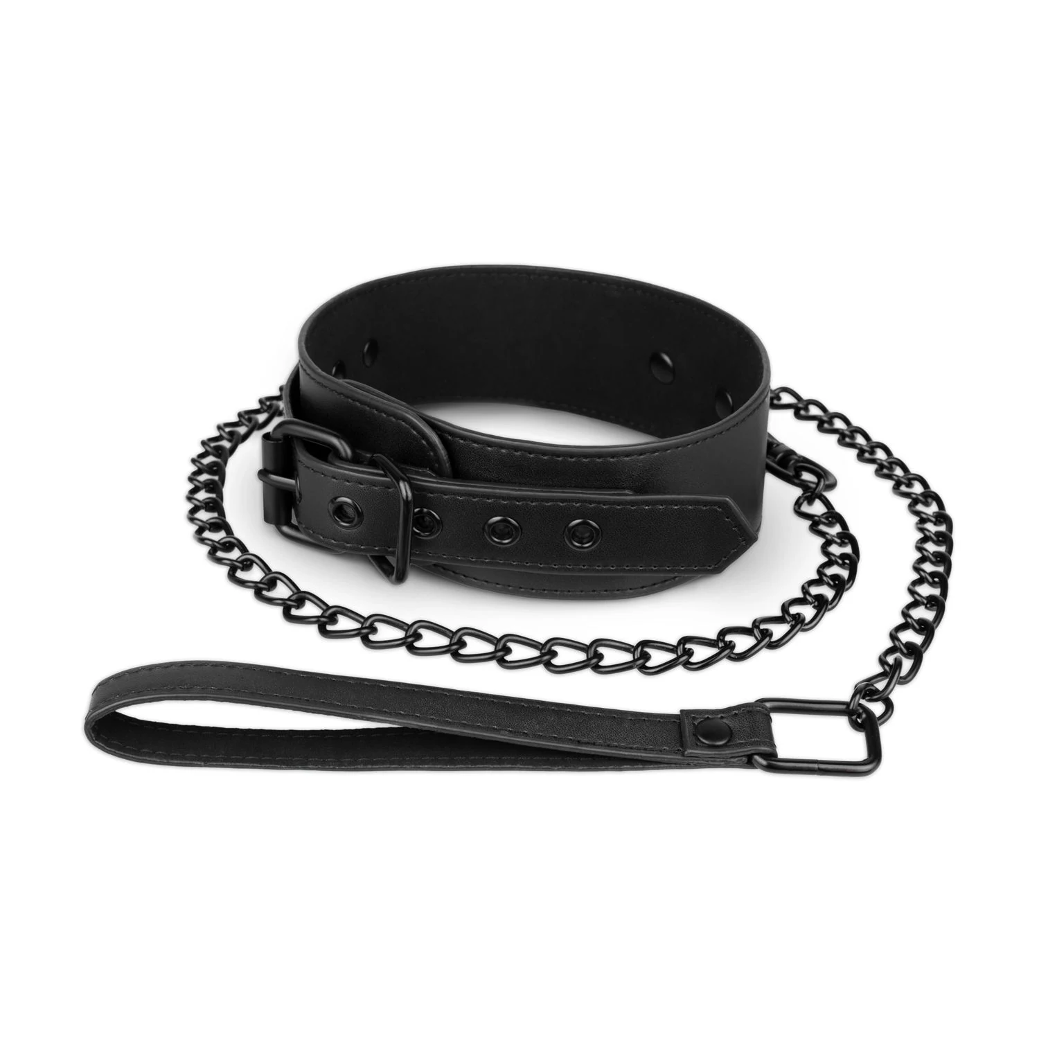 Zwarte kunstleren halsband met zilverkleurige metalen ketting