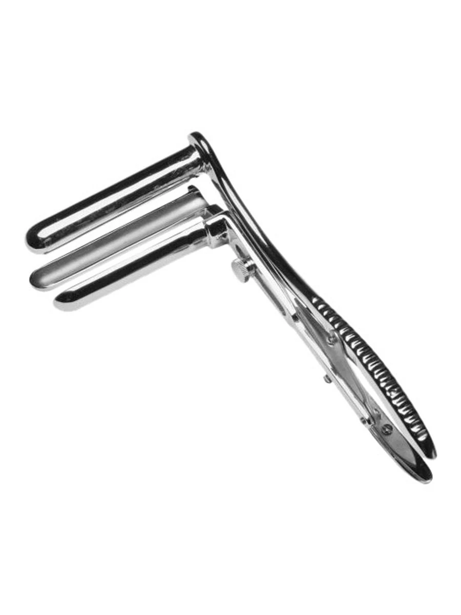 Master Series 3-Prong anaal speculum van edelstaal, zilver, 90 mm, unisex