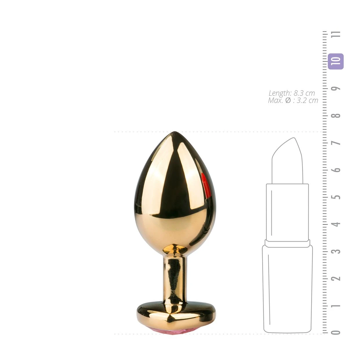 Goudkleurige aluminium buttplug met glad rond middenstuk en hartvormige roze steen